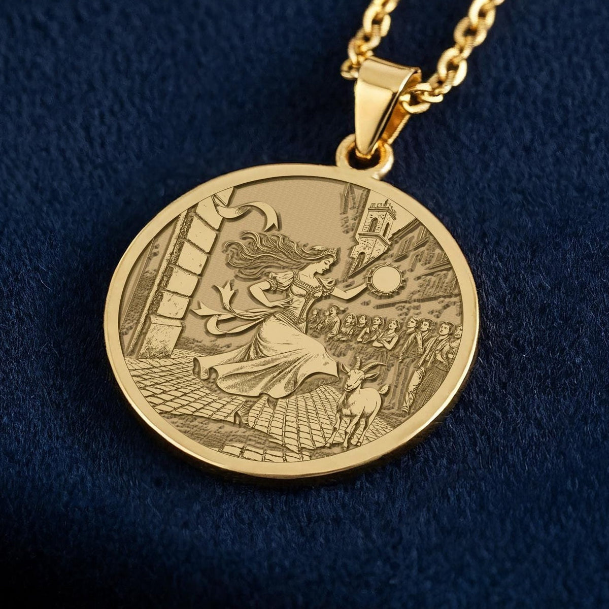 Esmeralda Necklace: 14K Gold, Gypsy Dancer Coin Pendant, Victor Hugo Jewelry - View 2