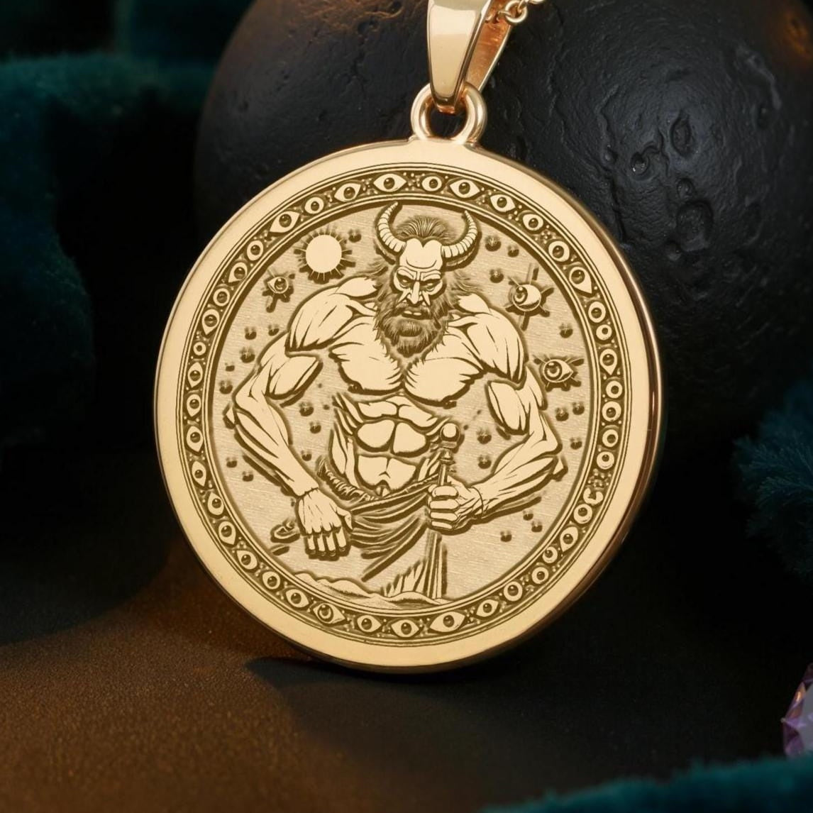 Argus Panoptes Pendant Necklace: 14K Gold All Seeing Giant Charm - View 214