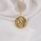 14k gold seahorse necklace featuring a detailed nautical design, perfect for ocean lovers and beach themed occasions, made with high quality solid gold.