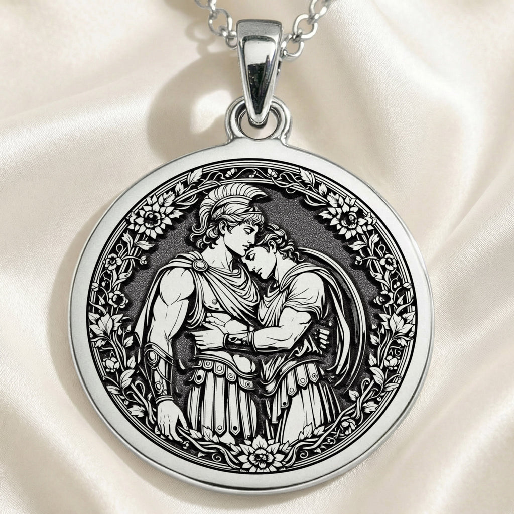 Achilles & Patroclus Greek Mythology Pendant Pendants 925 925 Sterling Silver pendant necklace featuring a classical two-figure embrace design on a circular frame.