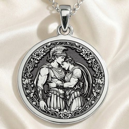 Achilles & Patroclus Greek Mythology Pendant Pendants 925 925 Sterling Silver pendant necklace featuring a classical two-figure embrace design on a circular frame.