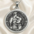Achilles & Patroclus Greek Mythology Pendant Pendants 925 925 Sterling Silver pendant necklace featuring a classical two-figure embrace design on a circular frame.