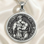 Achilles & Patroclus Greek Mythology Pendant Pendants 925 925 Sterling Silver pendant necklace featuring a classical two-figure embrace design on a circular frame.