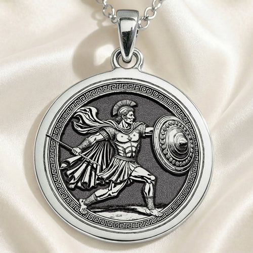 Achilles Greek Hero Coin Pendant Pendants 925 925 Sterling Silver pendant necklace featuring a classical warrior design with Greek key patterns.