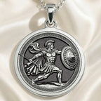 Achilles Greek Hero Coin Pendant Pendants 925 925 Sterling Silver pendant necklace featuring a classical warrior design with Greek key patterns.