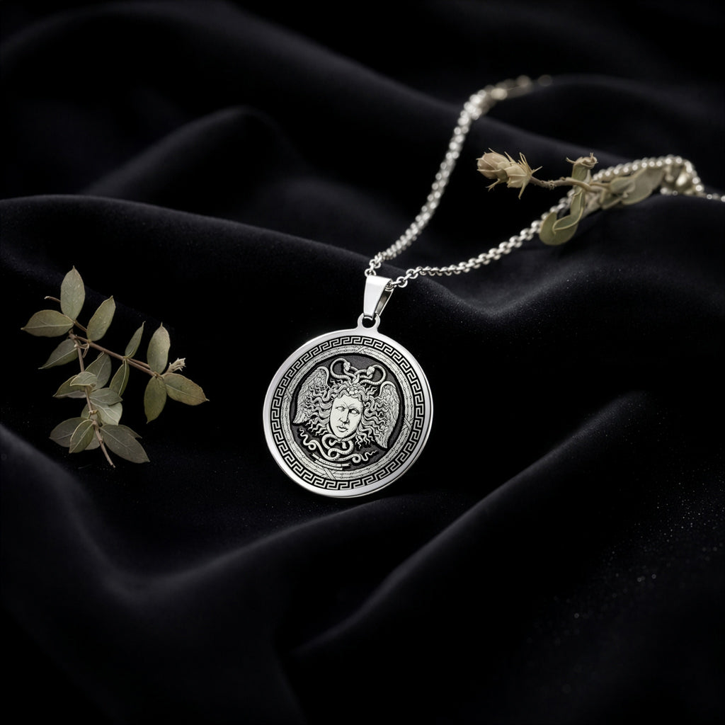 Aegis Gorgon Head Pendant Pendants 925 925 Sterling Silver portrait pendant with intricate border necklace