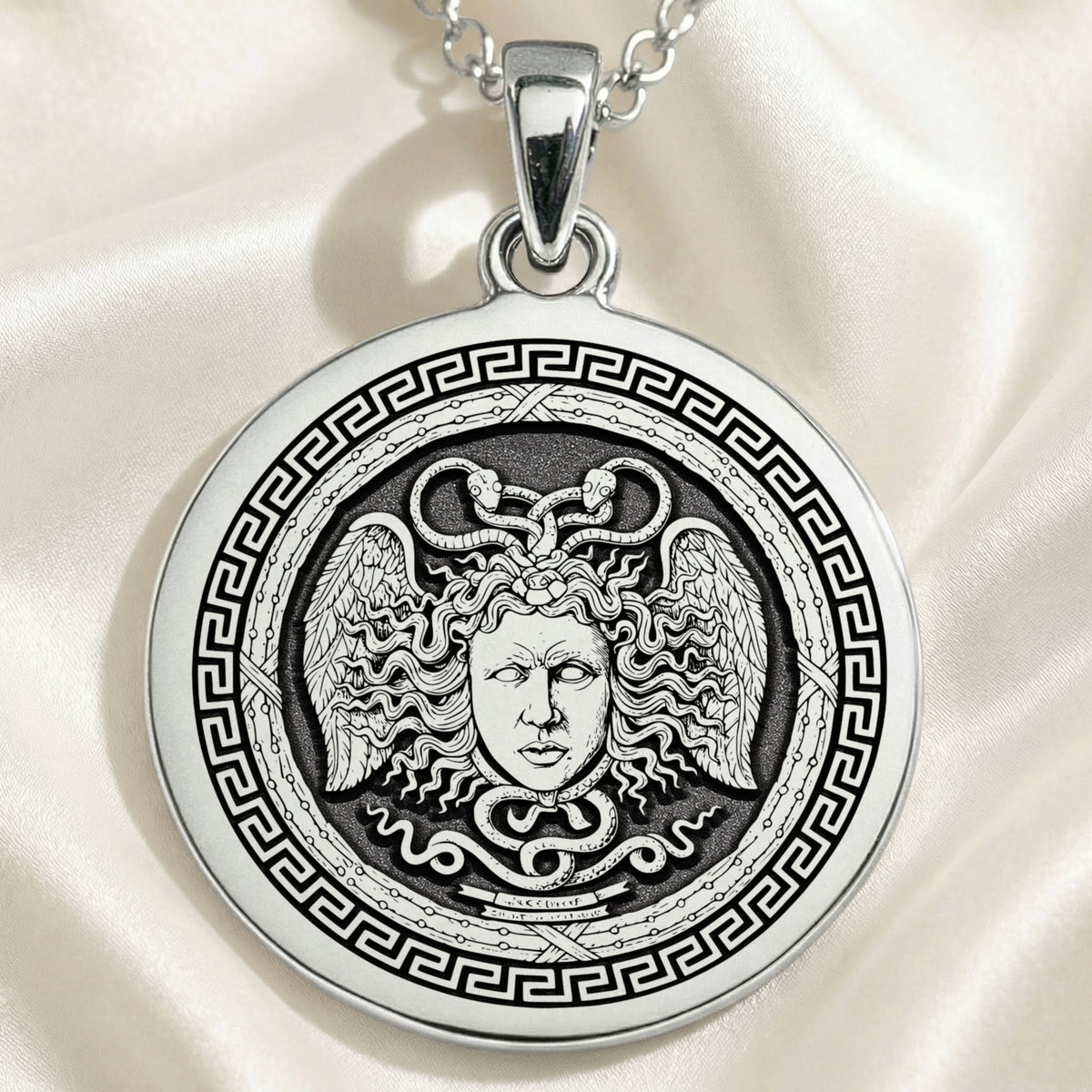 Aegis Gorgon Head Pendant Pendants 925 925 Sterling Silver winged face pendant with Greek key frame necklace