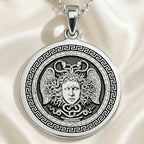 Aegis Gorgon Head Pendant Pendants 925 925 Sterling Silver winged face pendant with Greek key frame necklace