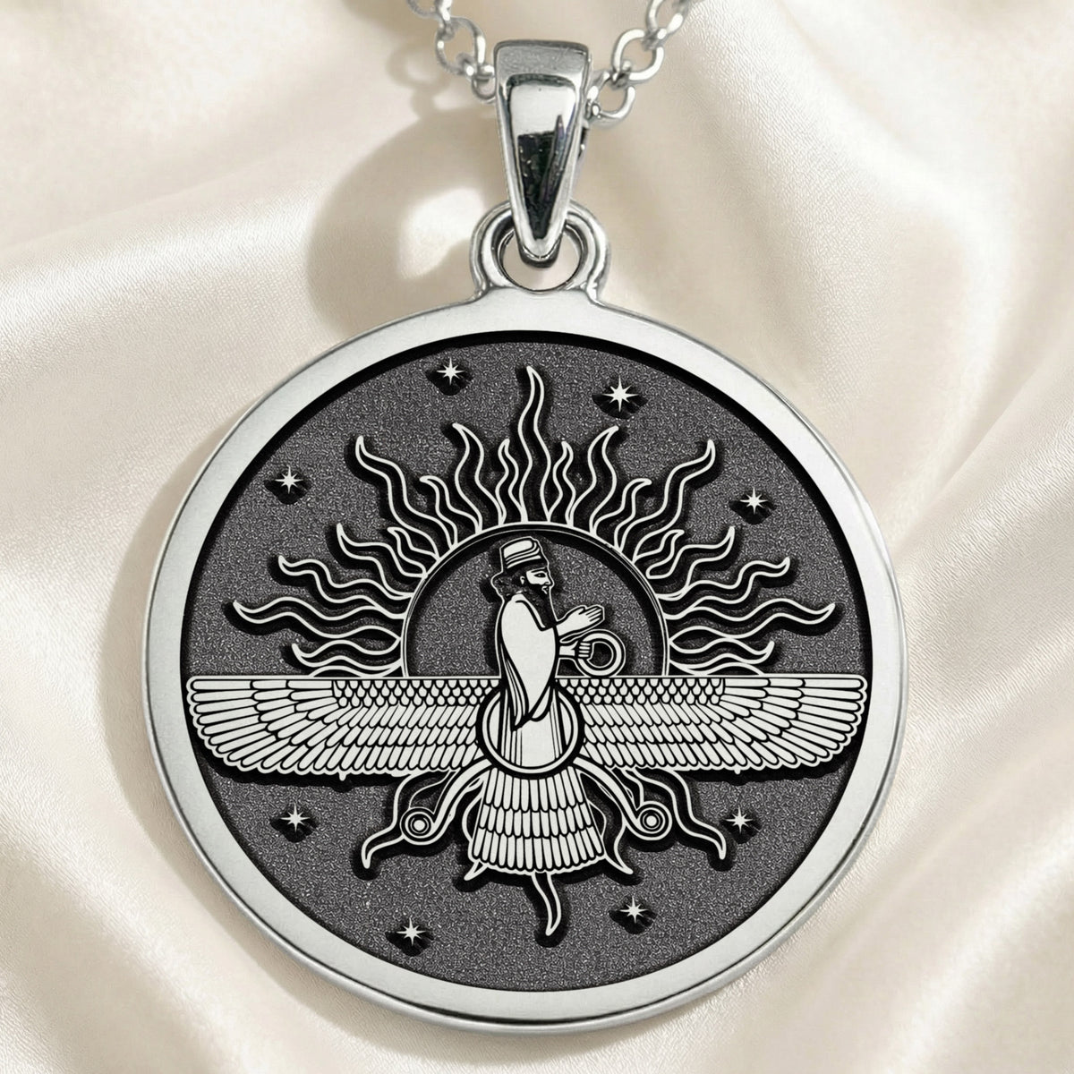 Ahura Mazda Faravahar Pendant Pendants 925 925 Sterling Silver winged figure sunburst pendant necklace
