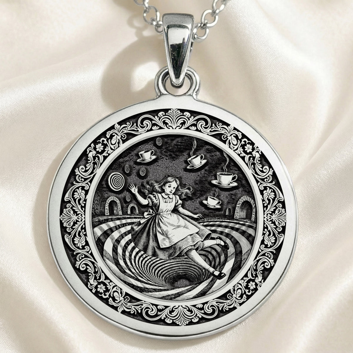Alice in Wonderland Rabbit Hole Pendant Pendants 925 925 Sterling Silver pendant necklace featuring a detailed classical allegorical scene on a round medallion.