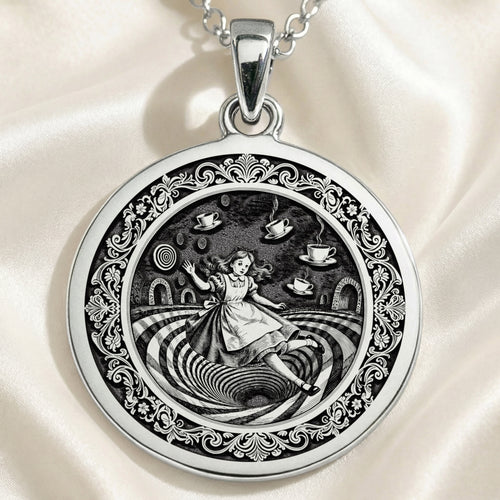 Alice in Wonderland Rabbit Hole Pendant Pendants 925 925 Sterling Silver pendant necklace featuring a detailed classical allegorical scene on a round medallion.
