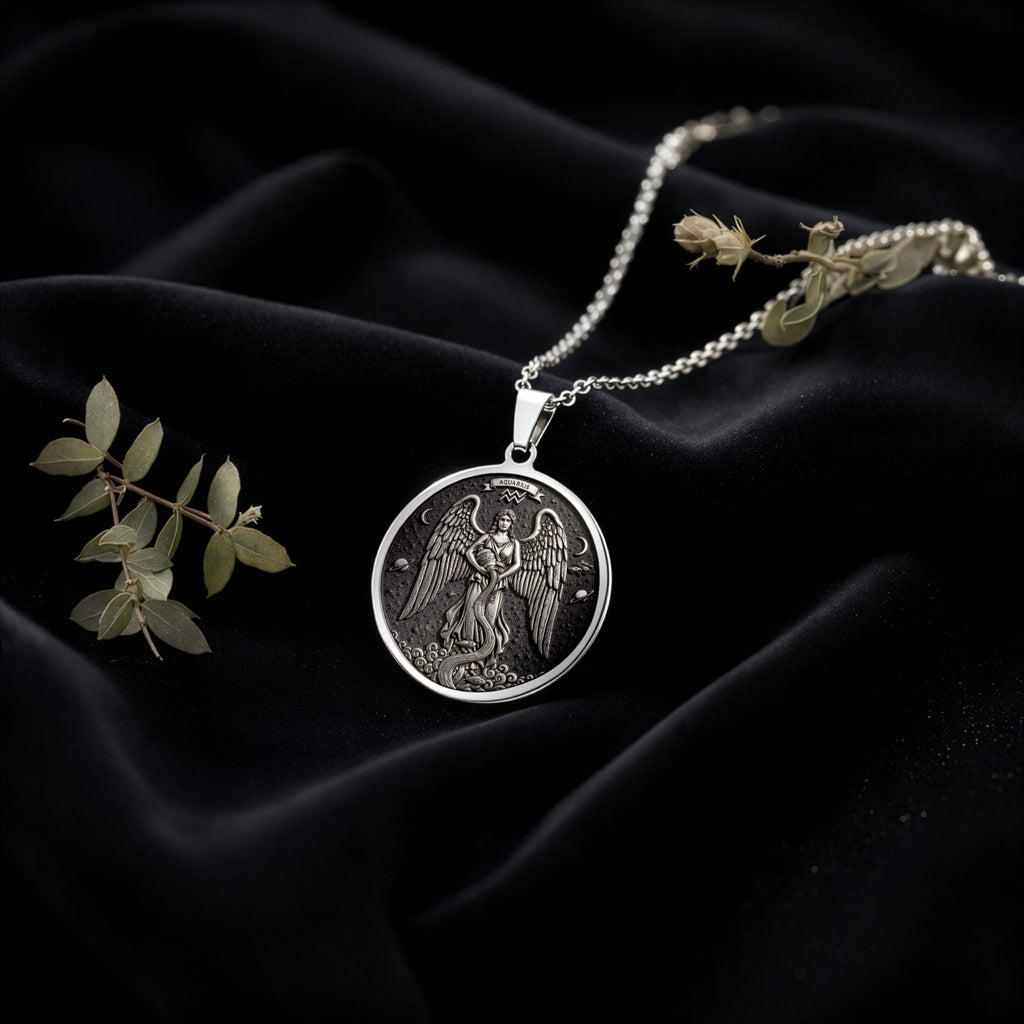 Aquarius Water Bearer Necklace Pendants 925 925 Sterling Silver winged angel pendant necklace on black fabric
