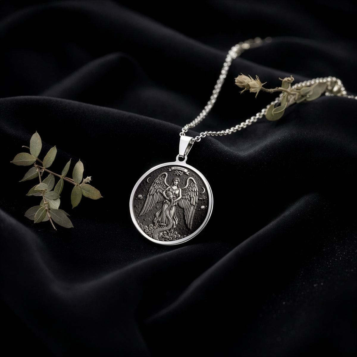 Aquarius Water Bearer Necklace Pendants 925 925 Sterling Silver winged angel pendant necklace on black fabric