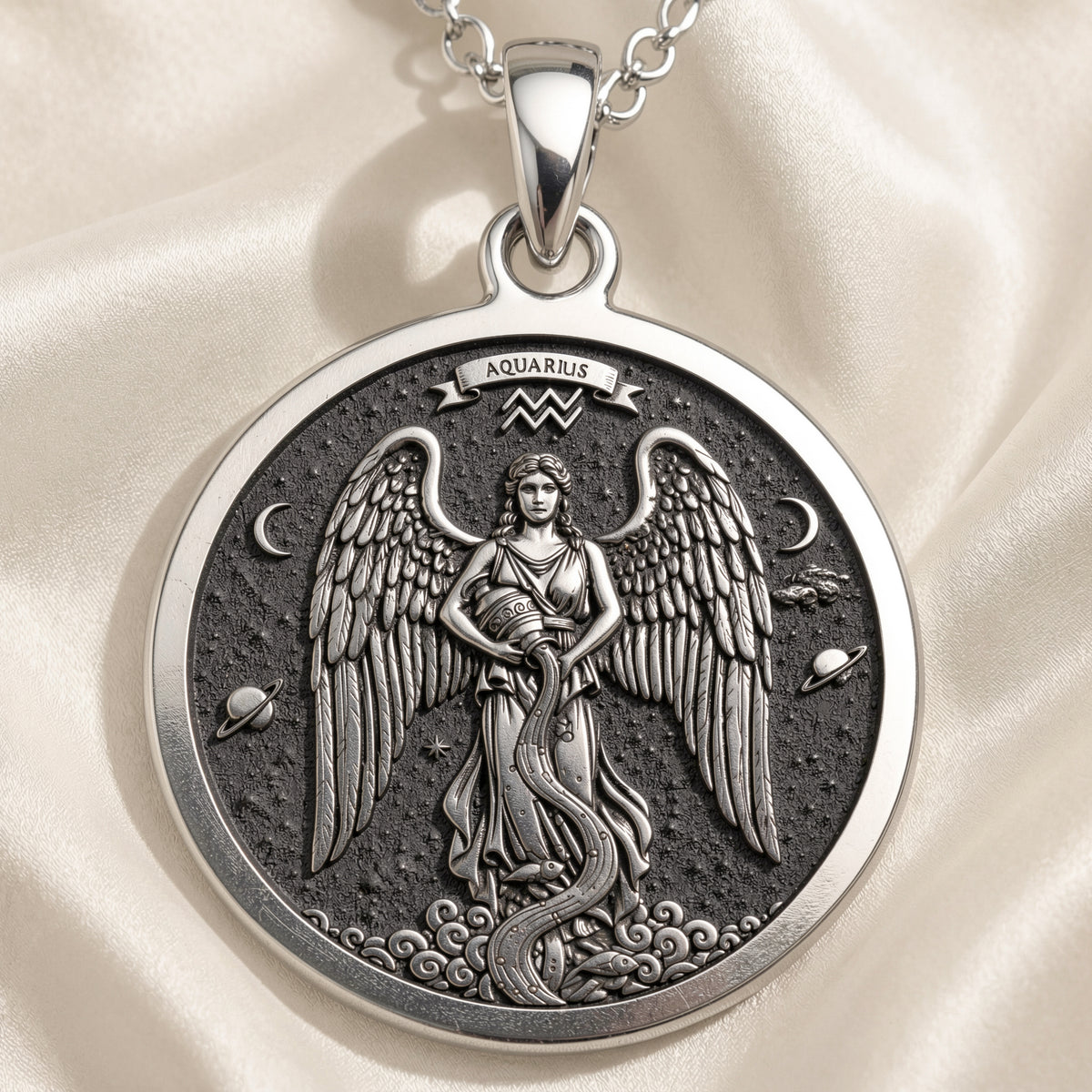 925 925 Sterling Silver Aquarius Water Bearer Necklace Pendants Oxidized silver winged serpent pendant with celestial design necklace