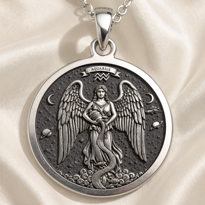 925 925 Sterling Silver Aquarius Water Bearer Necklace Pendants Oxidized silver winged serpent pendant with celestial design necklace