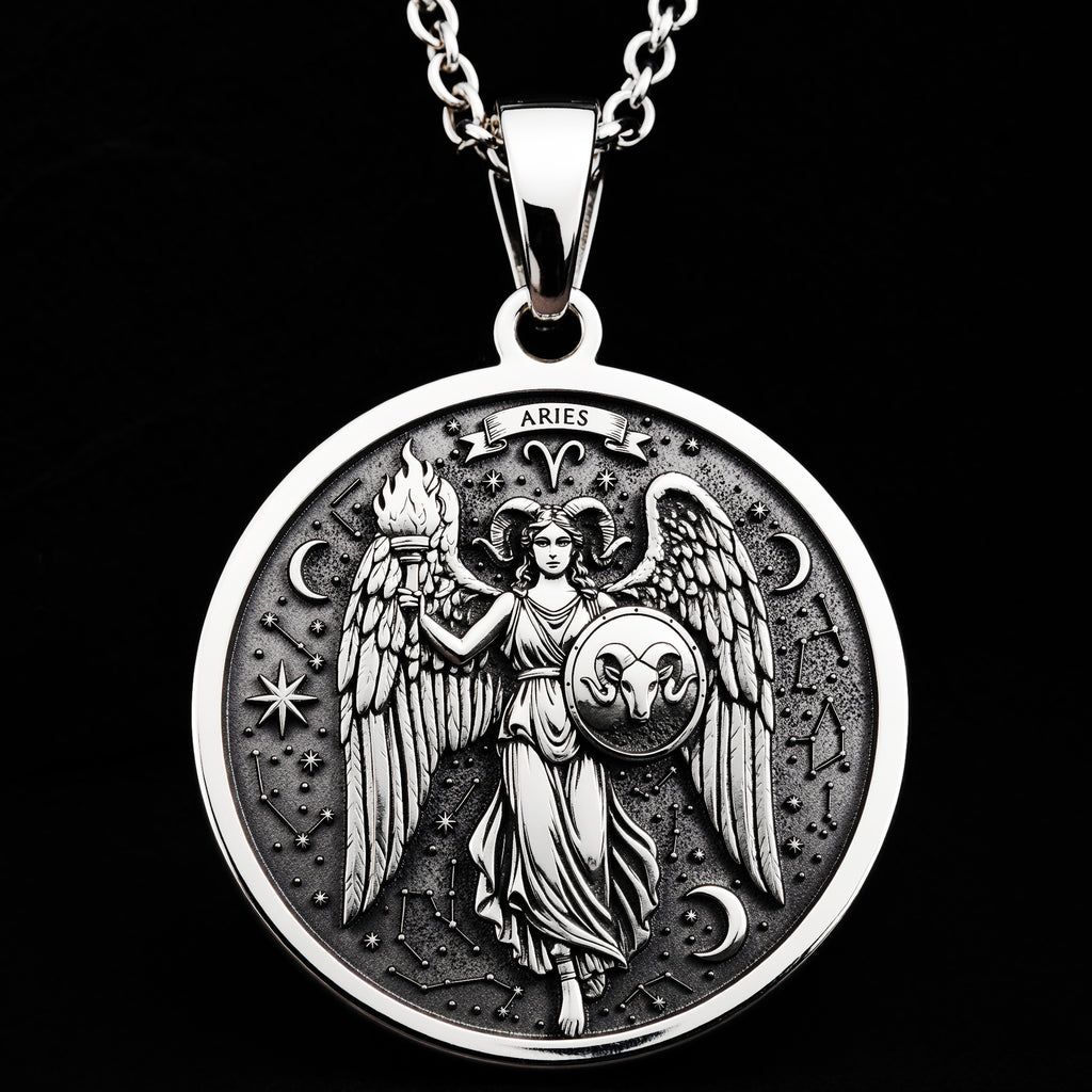 Aries Ram Zodiac Pendant Pendants 925 925 Sterling Silver winged angel pendant featuring the Aries zodiac symbol and celestial design necklace.