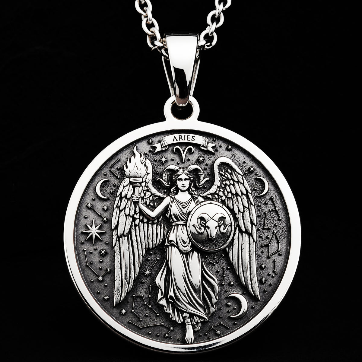 Aries Ram Zodiac Pendant Pendants 925 925 Sterling Silver winged angel pendant featuring the Aries zodiac symbol and celestial design necklace.