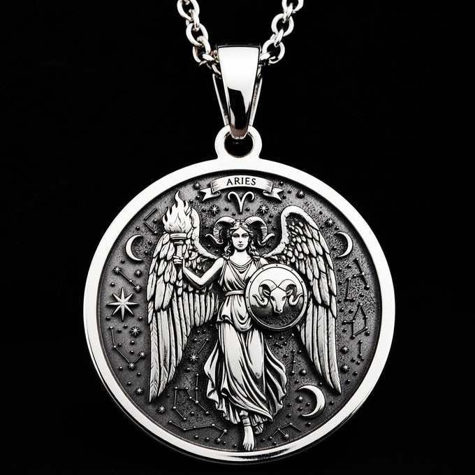 Aries Ram Zodiac Pendant Pendants 925 925 Sterling Silver winged angel pendant featuring the Aries zodiac symbol and celestial design necklace.