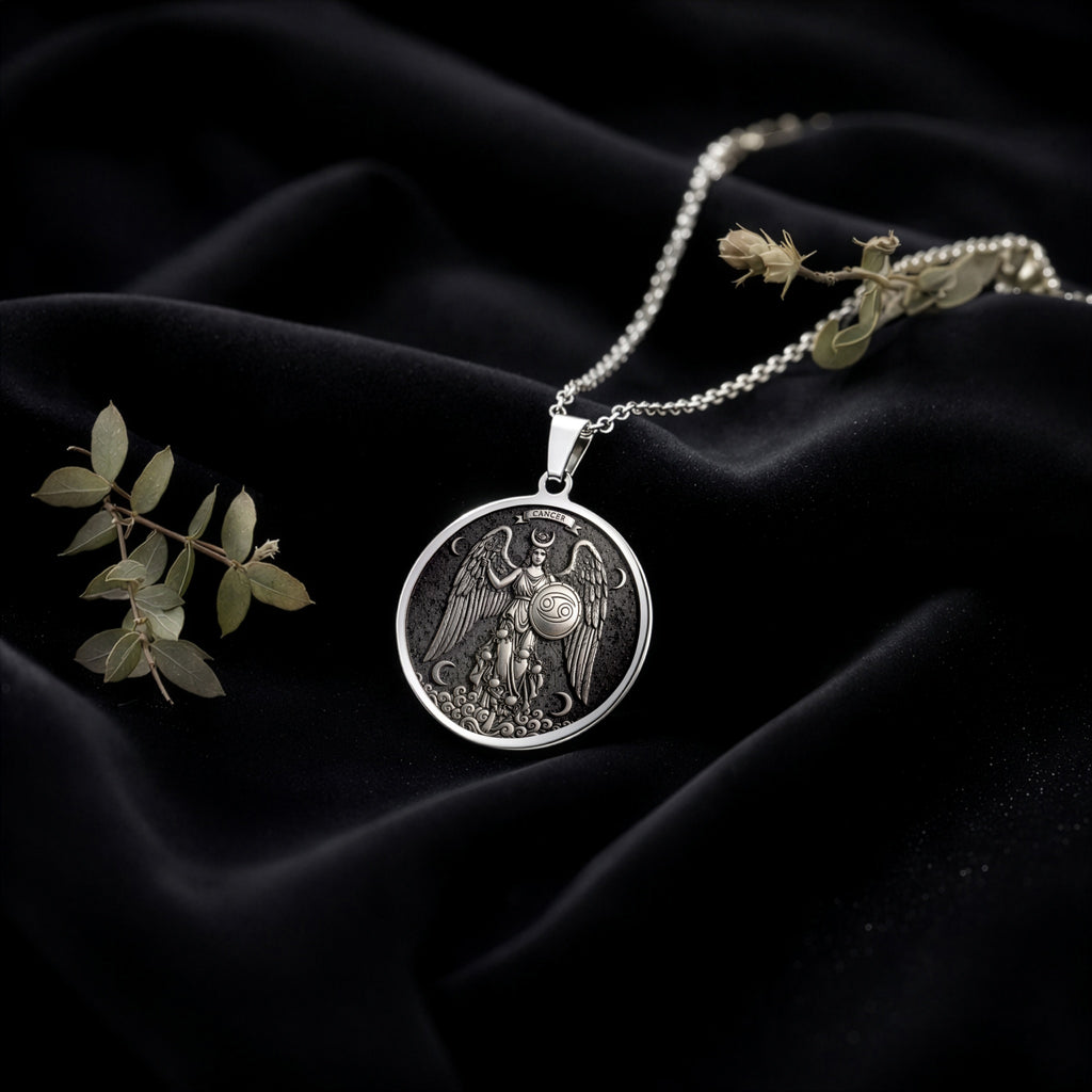 Cancer Zodiac Sign Necklace Pendants 925 925 Sterling Silver winged angel pendant necklace on black velvet background