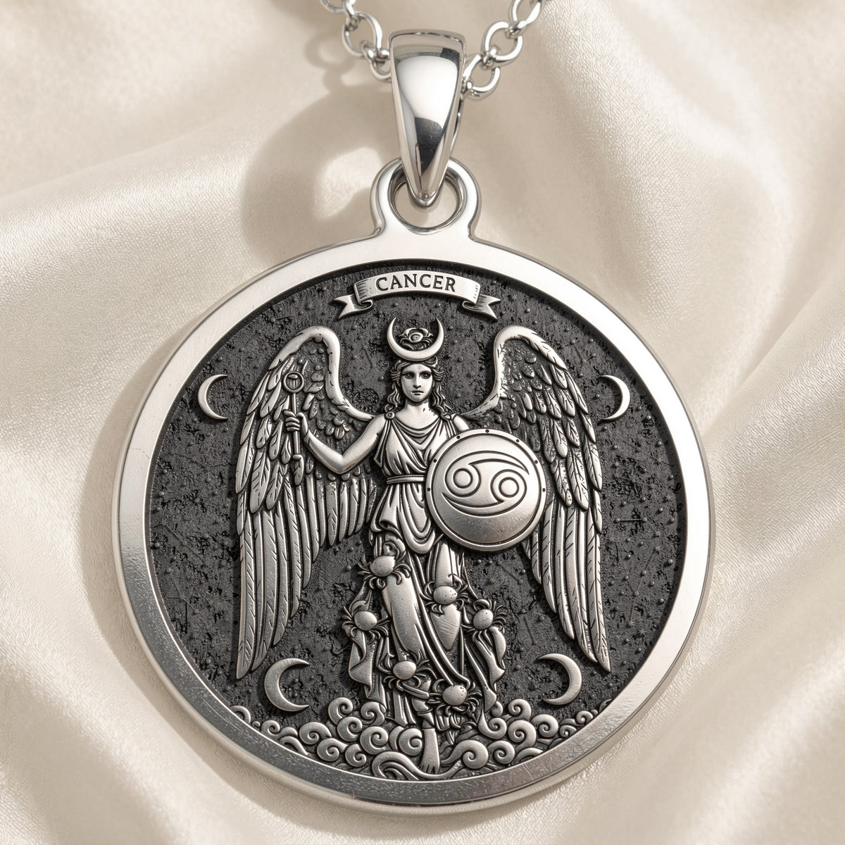 Cancer Zodiac Sign Necklace Pendants 925 925 Sterling Silver winged goddess pendant with crescent moons and clouds on satin background