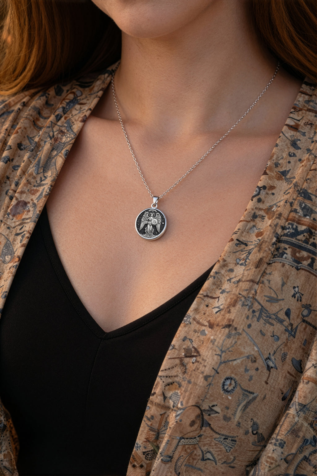 Capricorn Zodiac Medallion Necklace Pendants 925 925 Sterling Silver engraved portrait pendant necklace with circular design.