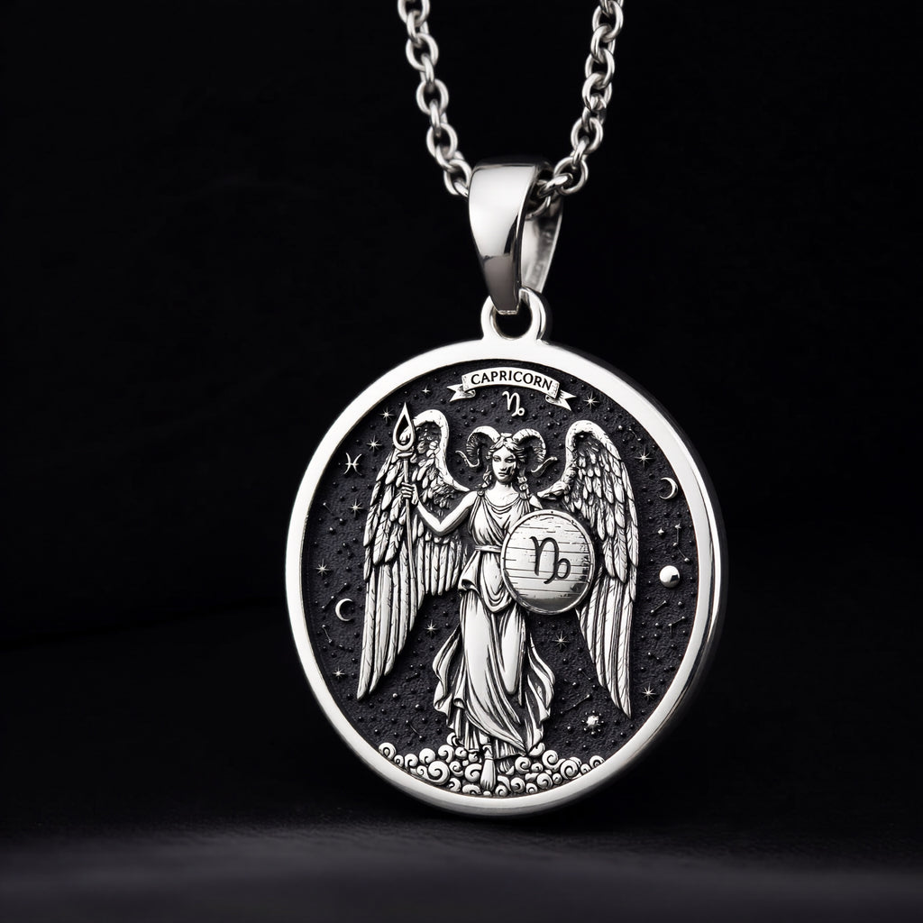 925 925 Sterling Silver Capricorn Zodiac Medallion Necklace Pendants Oxidized silver pendant of an angel with wings holding a Capricorn symbol necklace