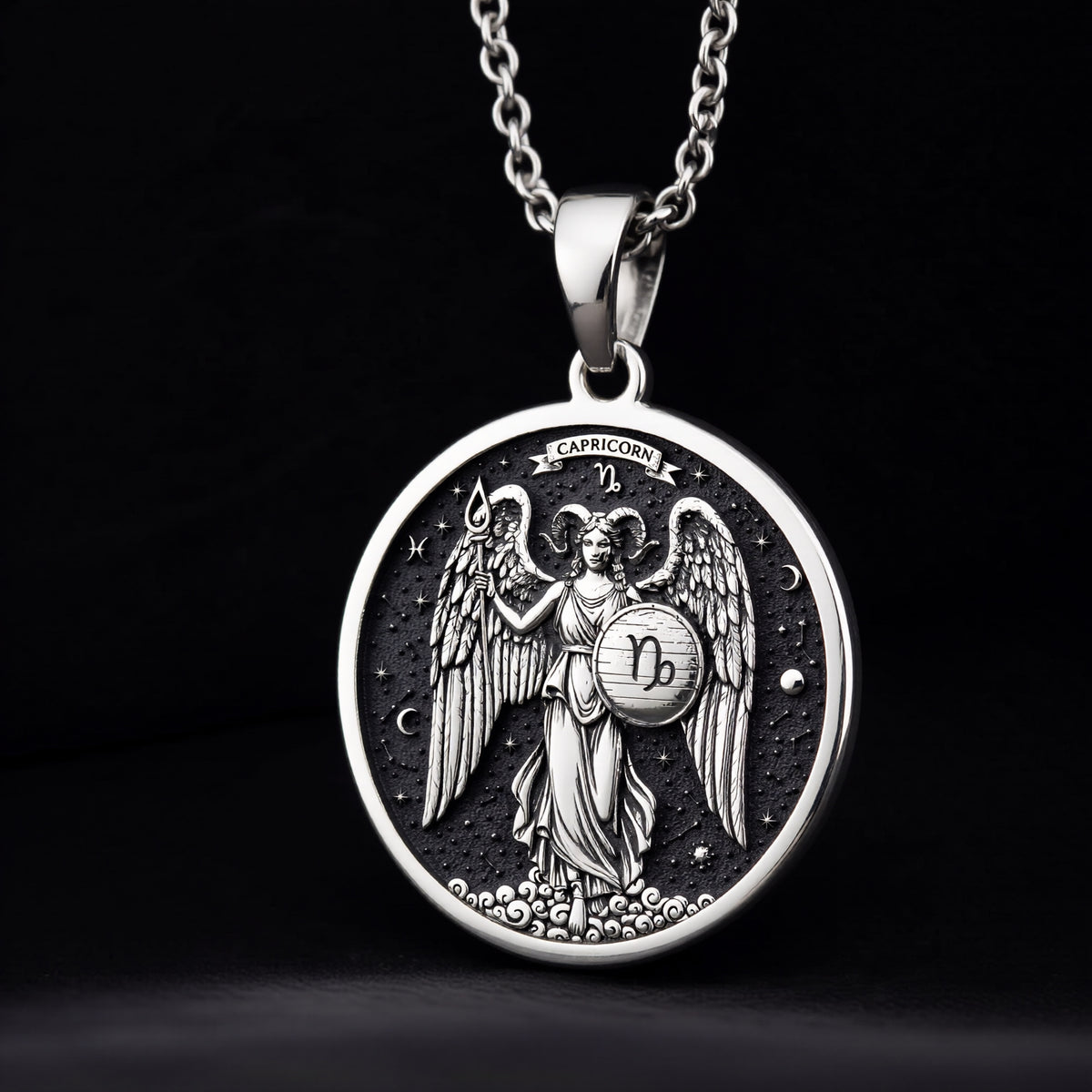 925 925 Sterling Silver Capricorn Zodiac Medallion Necklace Pendants Oxidized silver pendant of an angel with wings holding a Capricorn symbol necklace