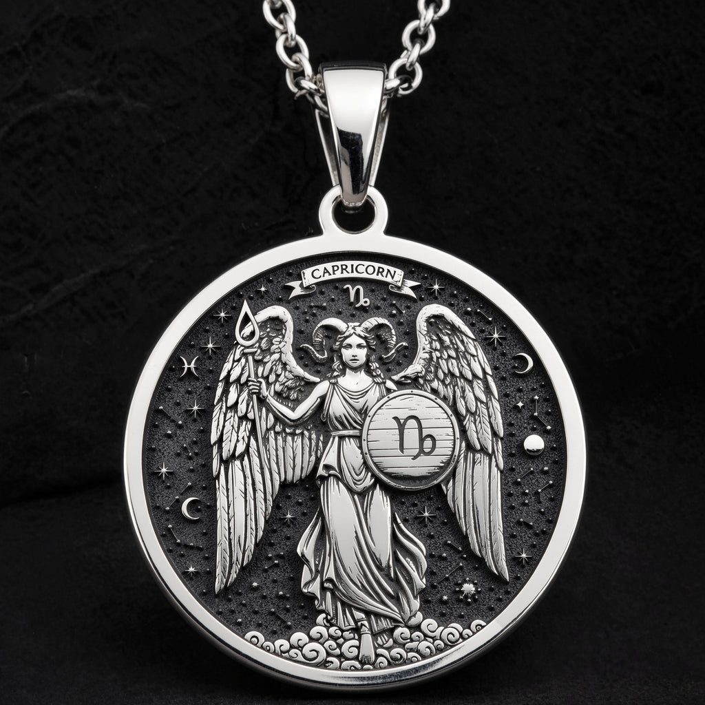 925 925 Sterling Silver Capricorn Zodiac Medallion Necklace Pendants Oxidized silver winged angel pendant with Capricorn zodiac symbol necklace