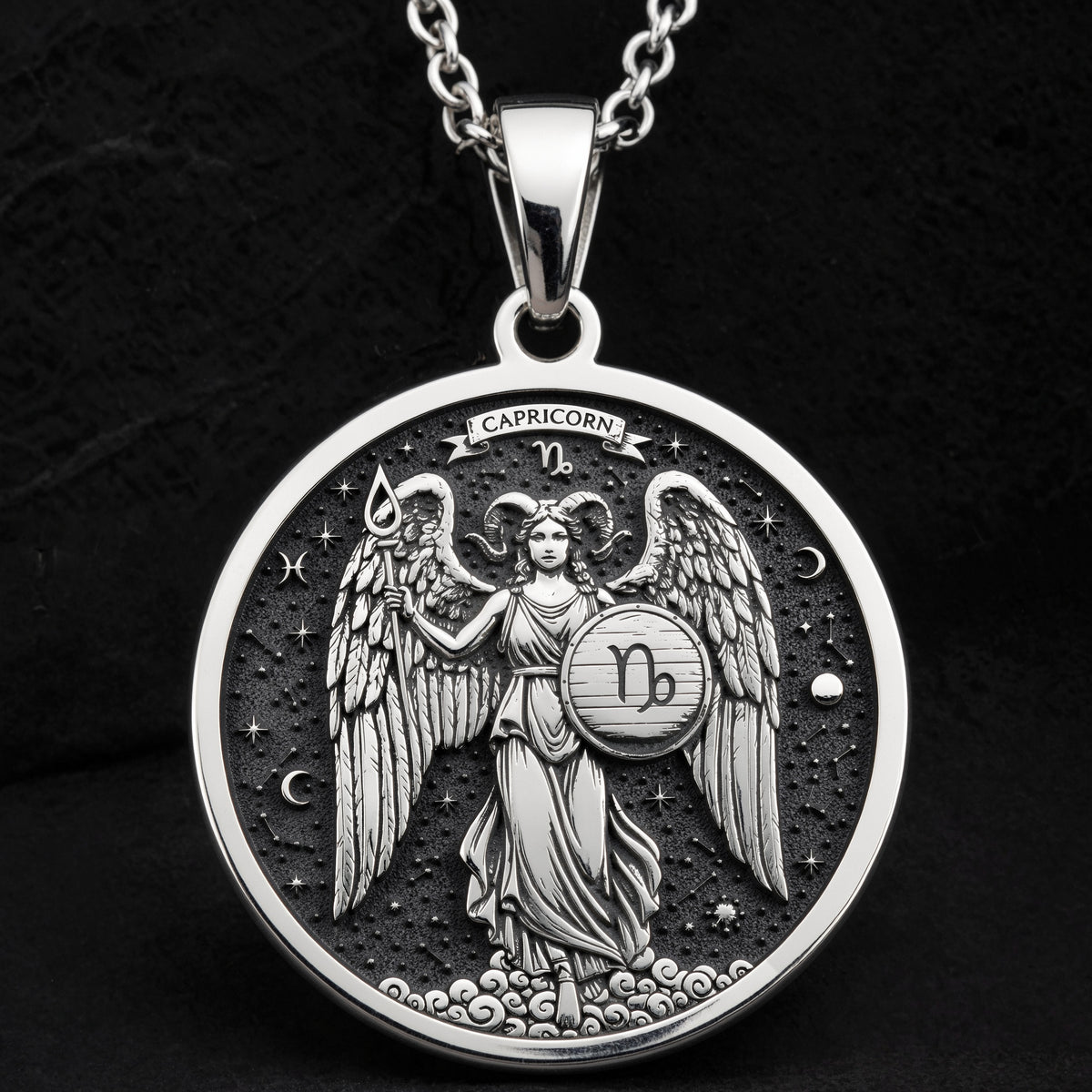 925 925 Sterling Silver Capricorn Zodiac Medallion Necklace Pendants Oxidized silver winged angel pendant with Capricorn zodiac symbol necklace