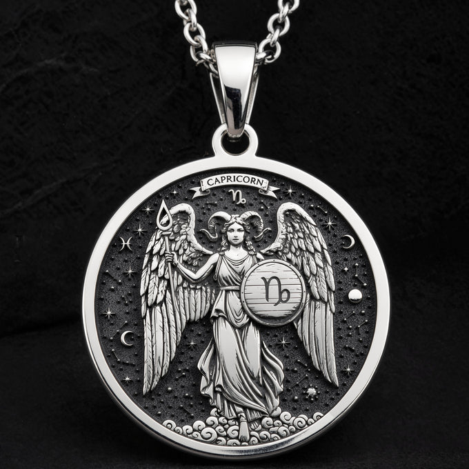 925 925 Sterling Silver Capricorn Zodiac Medallion Necklace Pendants Oxidized silver winged angel pendant with Capricorn zodiac symbol necklace
