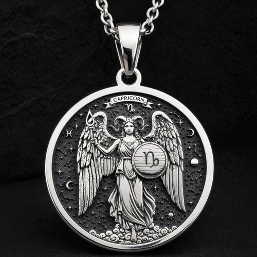 925 925 Sterling Silver Capricorn Zodiac Medallion Necklace Pendants Oxidized silver winged angel pendant with Capricorn zodiac symbol necklace