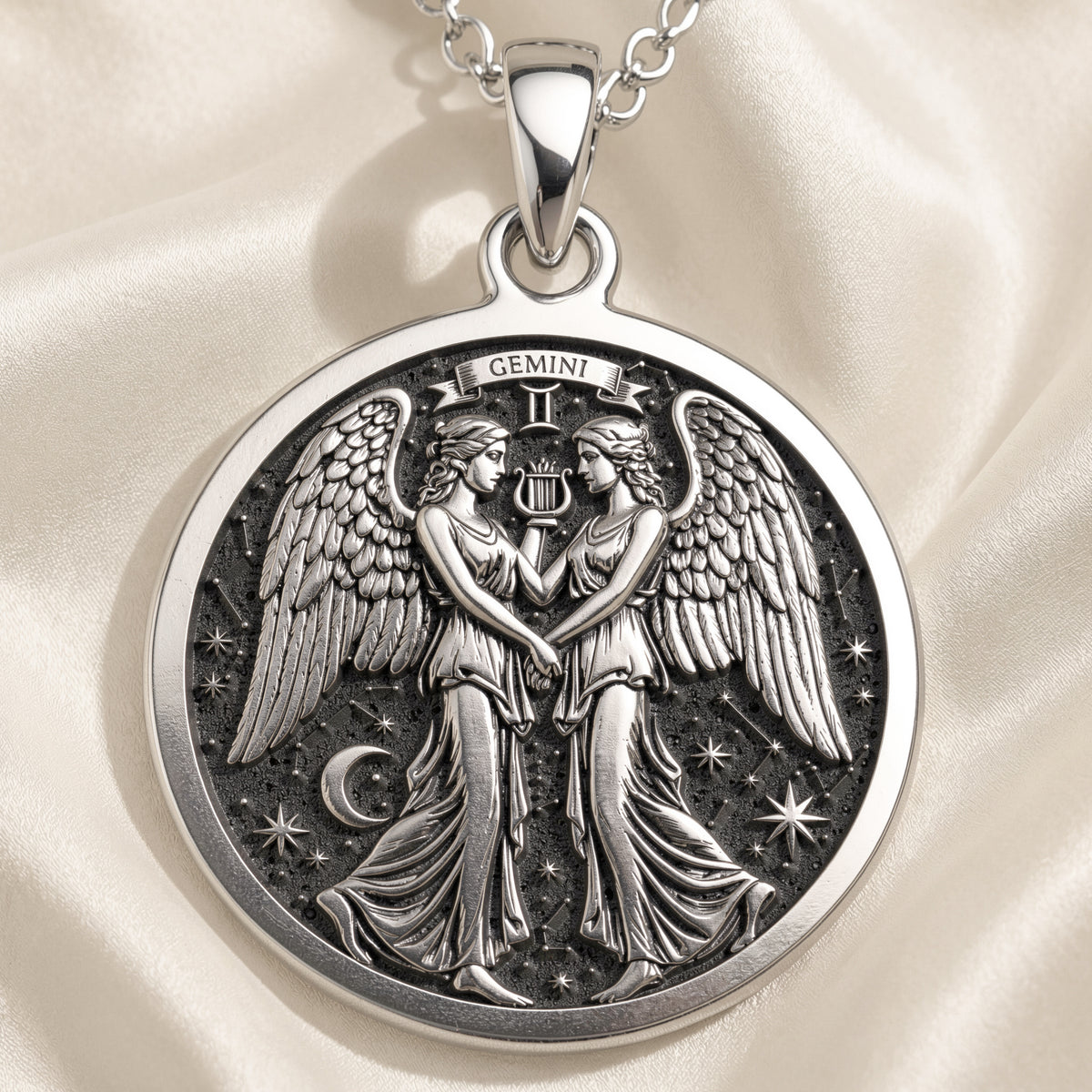 Gemini Zodiac Medallion Necklace Necklaces 925 925 Sterling Silver winged figures pendant with Gemini theme on satin background