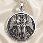 Gemini Zodiac Medallion Necklace Necklaces 925 925 Sterling Silver winged figures pendant with Gemini theme on satin background
