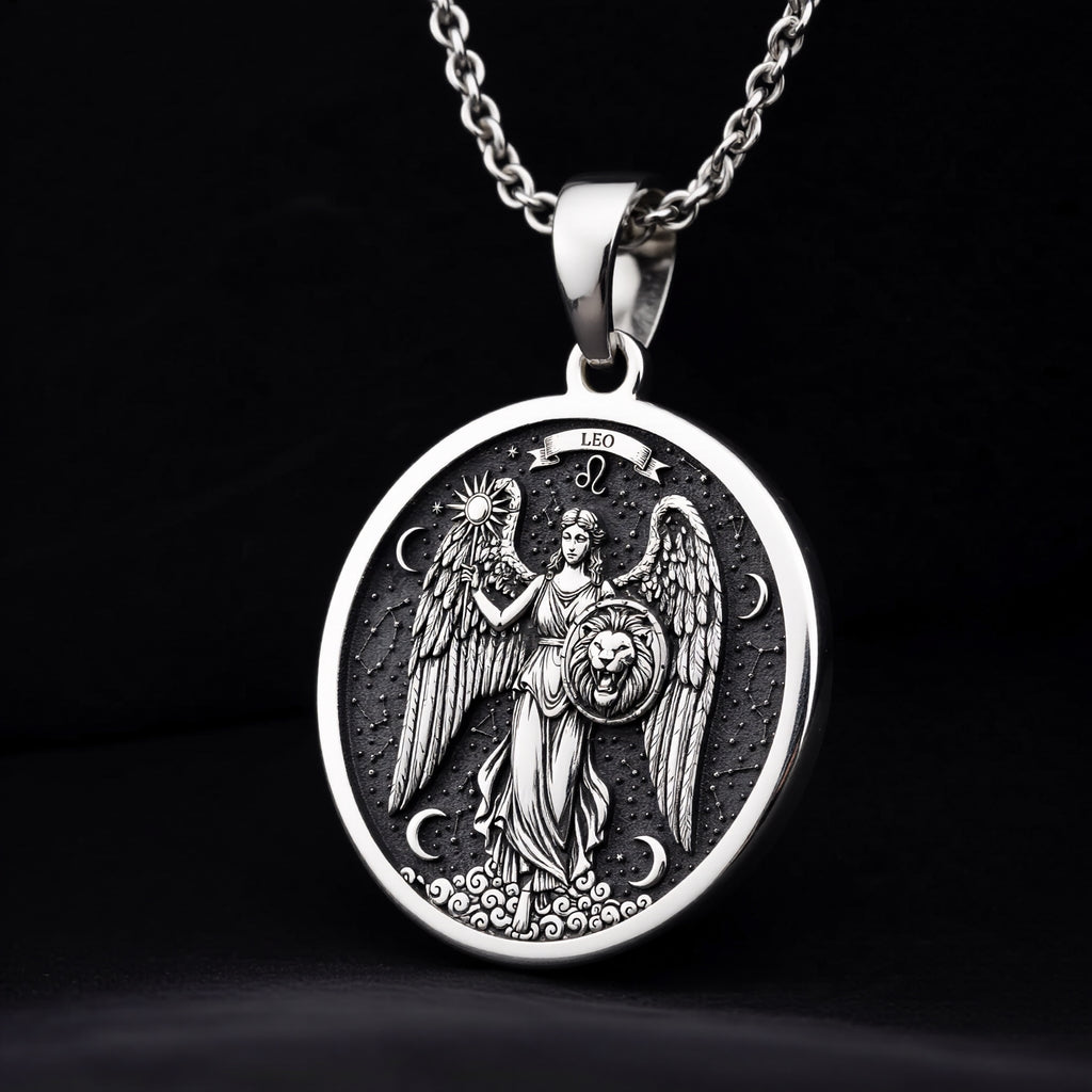 925 925 Sterling Silver Leo Zodiac Sign Pendant Necklaces Oxidized silver winged lion pendant with celestial design necklace