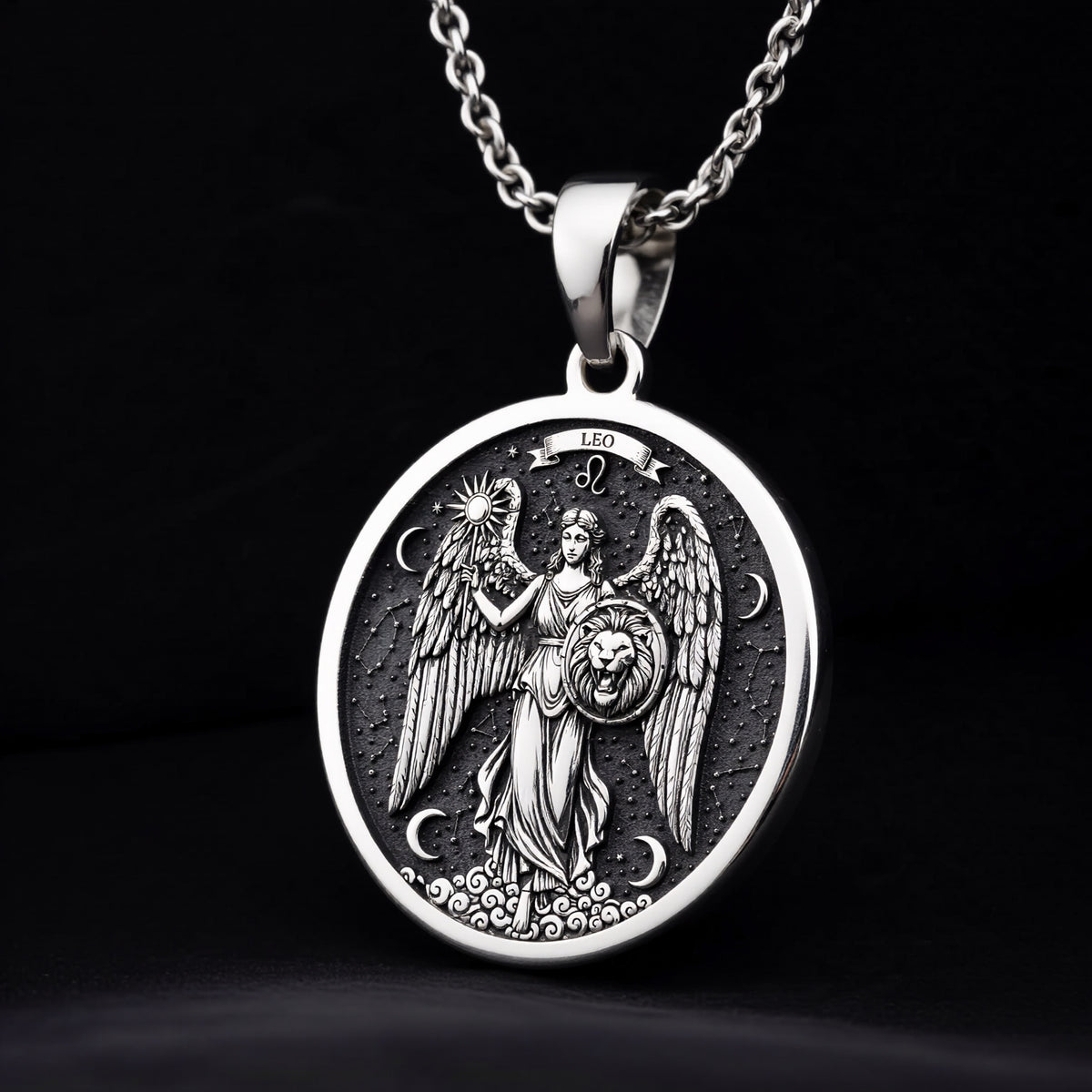 925 925 Sterling Silver Leo Zodiac Sign Pendant Necklaces Oxidized silver winged lion pendant with celestial design necklace