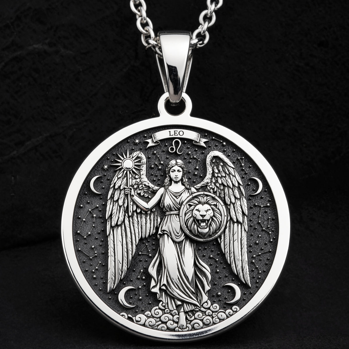 Leo Zodiac Sign Pendant Necklaces 925 925 Sterling Silver winged lion pendant with celestial design and zodiac symbols necklace