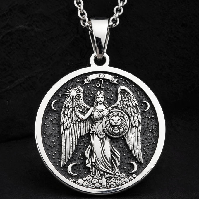 Leo Zodiac Sign Pendant Necklaces 925 925 Sterling Silver winged lion pendant with celestial design and zodiac symbols necklace