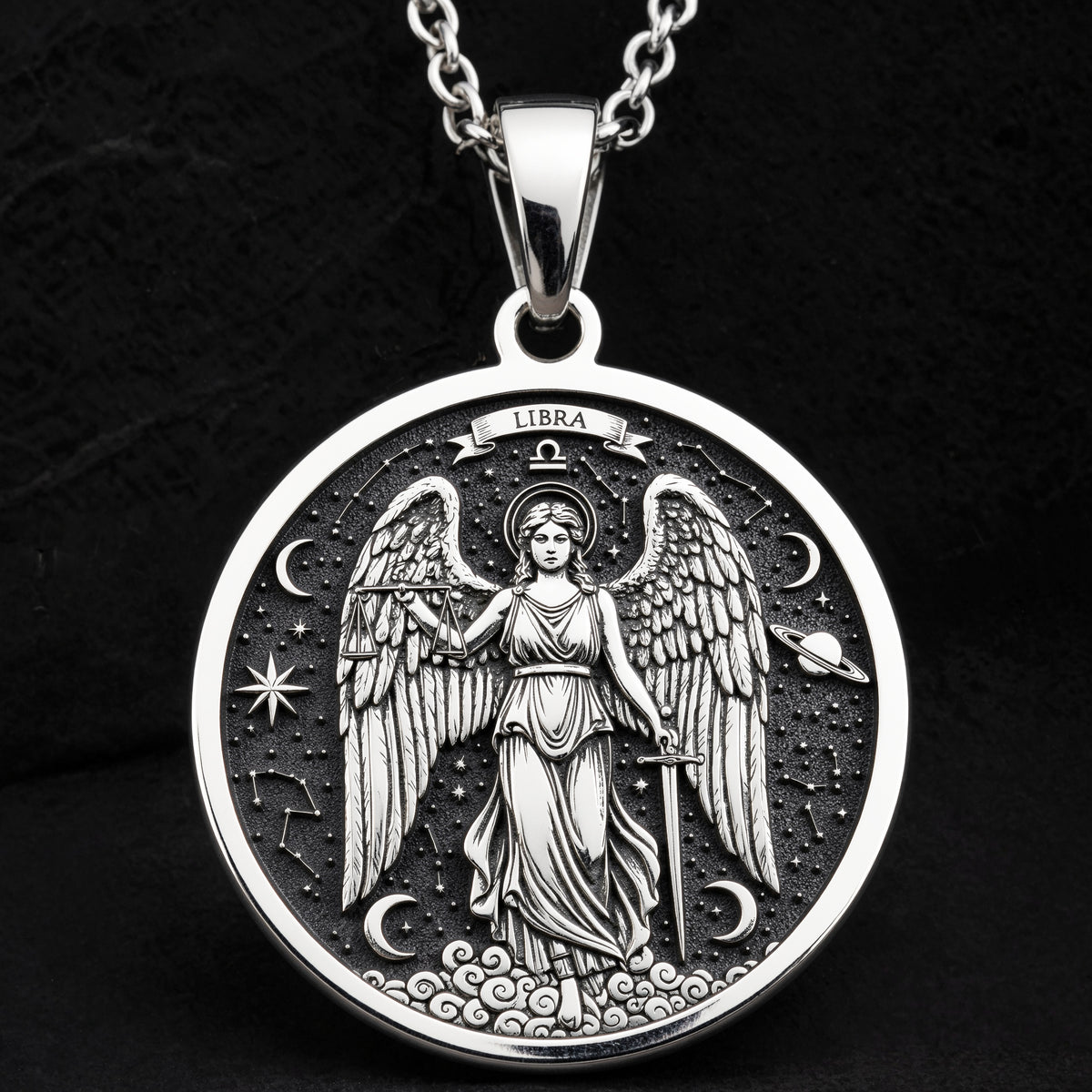 Libra Zodiac Guardian Angel Wings Necklace Necklaces 925 925 Sterling Silver sterling silver winged angel pendant with stars and moons design necklace