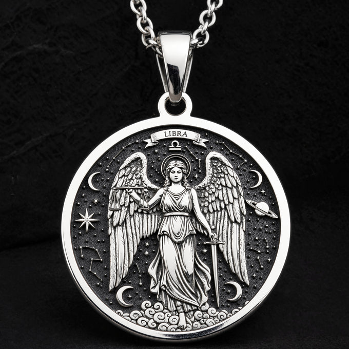 Libra Zodiac Guardian Angel Wings Necklace Necklaces 925 925 Sterling Silver sterling silver winged angel pendant with stars and moons design necklace