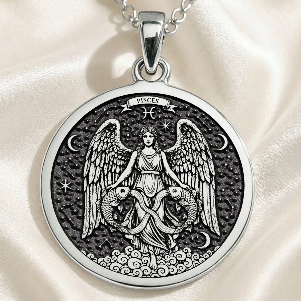Sterling silver Pisces Zodiac Astrological Sign Necklace: round  Pisces zodiac sign wit...