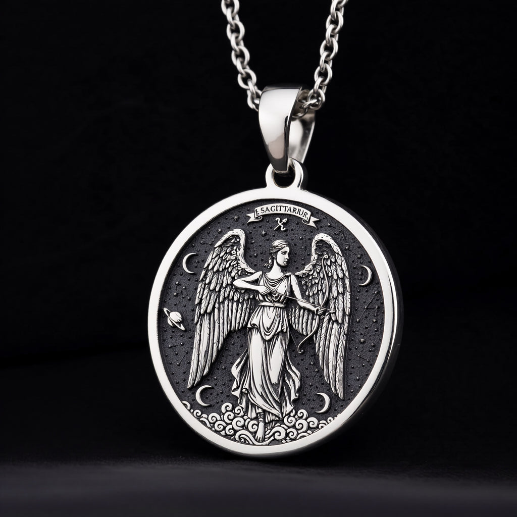 Sterling silver Sagittarius Angel Zodiac Pendant: round  of Sagittarius zodiac sign wit...
