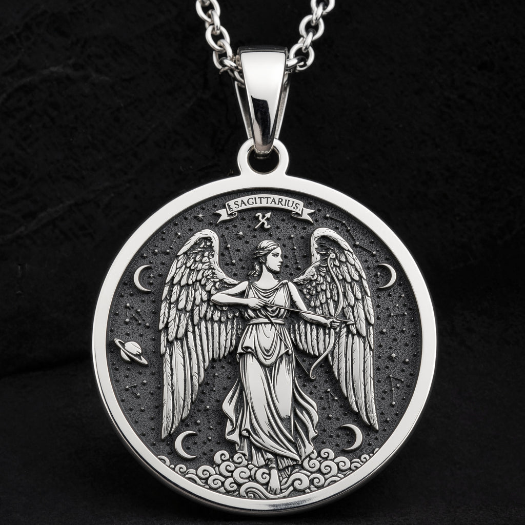 Sterling silver Sagittarius Angel Zodiac Pendant: round  of Sagittarius zodiac sign wit...