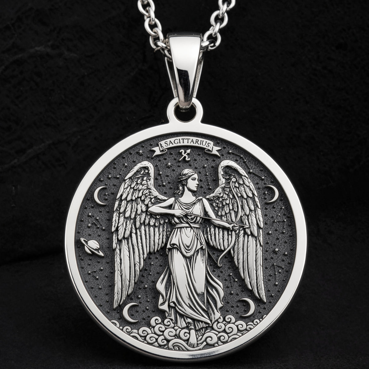Sterling silver Sagittarius Angel Zodiac Pendant: round  of Sagittarius zodiac sign wit...