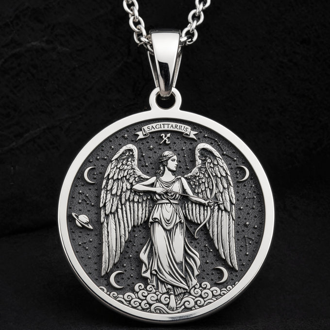Sterling silver Sagittarius Angel Zodiac Pendant: round  of Sagittarius zodiac sign wit...