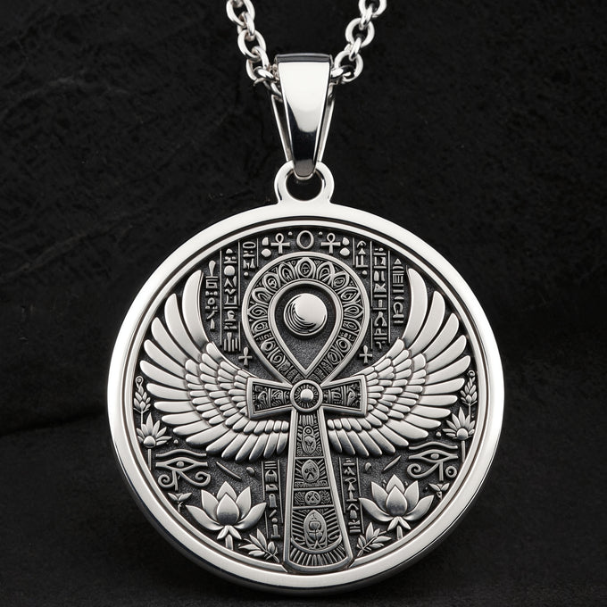 Winged Ankh necklace pendant. Silver or gold plated spiritual protection talisman jewelry. Fine spiritual charm.