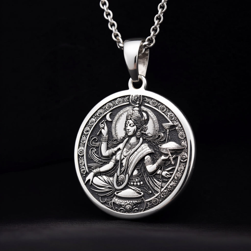 Devi Annapurna Goddess Pendant Necklace Necklaces 925 925 Sterling Silver round pendant featuring an ornate traditional goddess portrait necklace