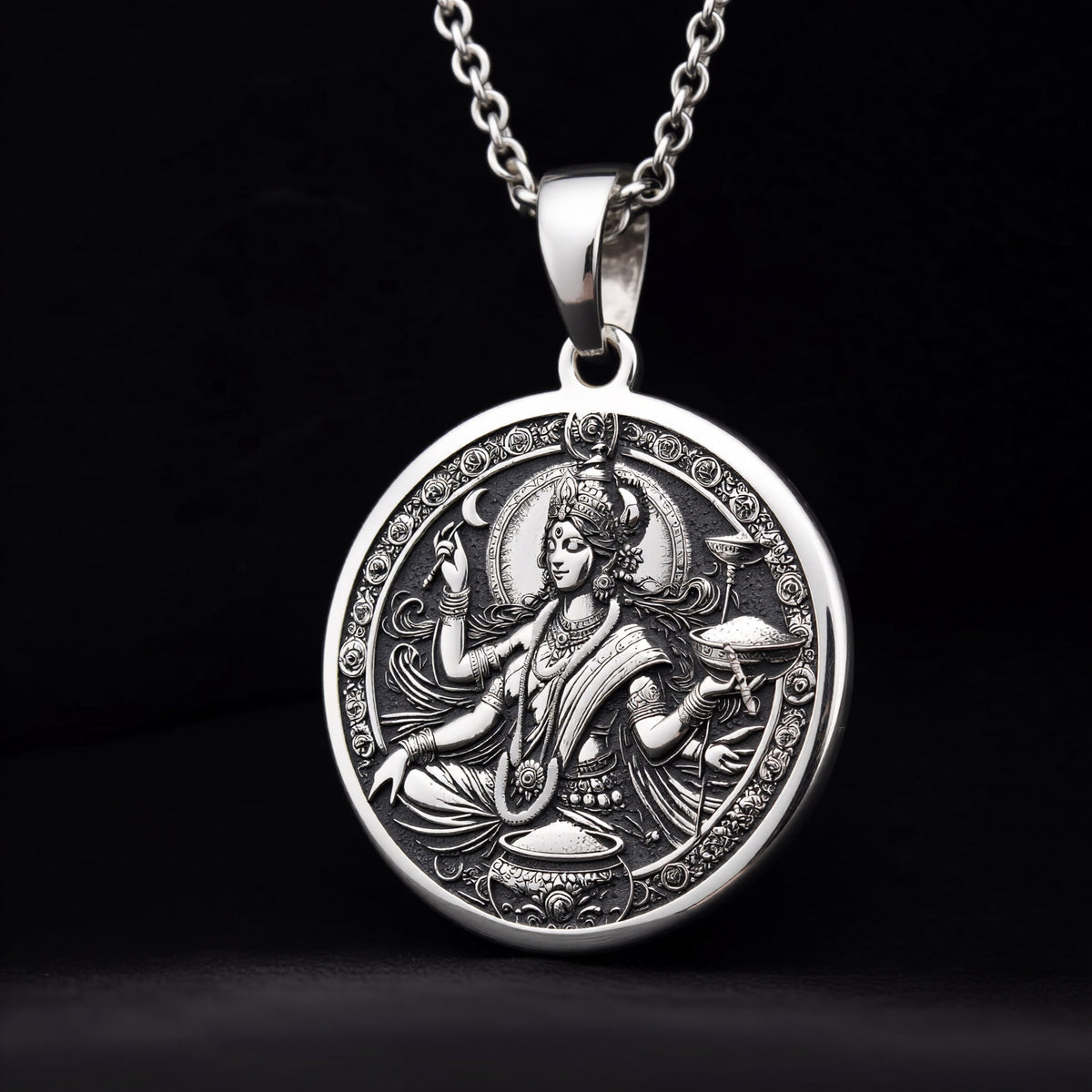 Devi Annapurna Goddess Pendant Necklace Necklaces 925 925 Sterling Silver round pendant featuring an ornate traditional goddess portrait necklace