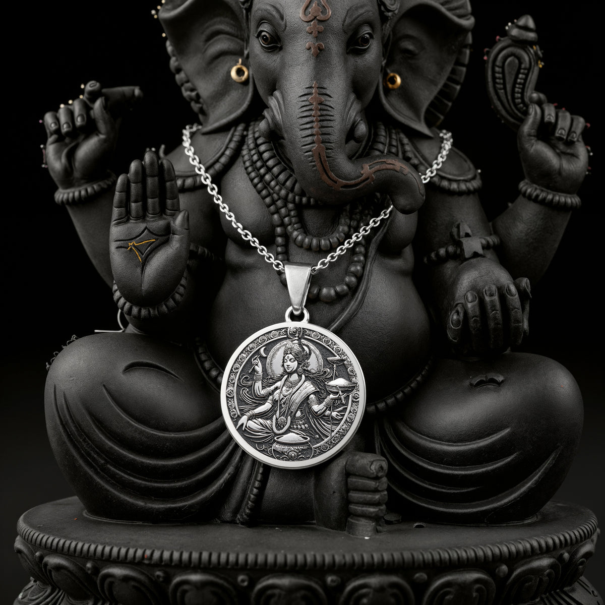 925 925 Sterling Silver Devi Annapurna Goddess Pendant Necklace Necklaces Oxidized silver Ganesha pendant necklace with round shape and traditional design