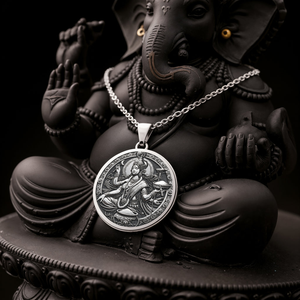 Devi Annapurna Goddess Pendant Necklace Necklaces 925 925 Sterling Silver round pendant featuring a seated goddess figure with traditional Indian iconography.
