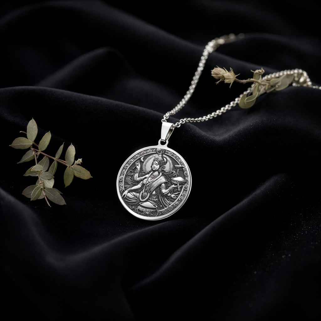 Devi Annapurna Goddess Pendant Necklace Necklaces 925 925 Sterling Silver round pendant featuring a classical mythological figure on black fabric.